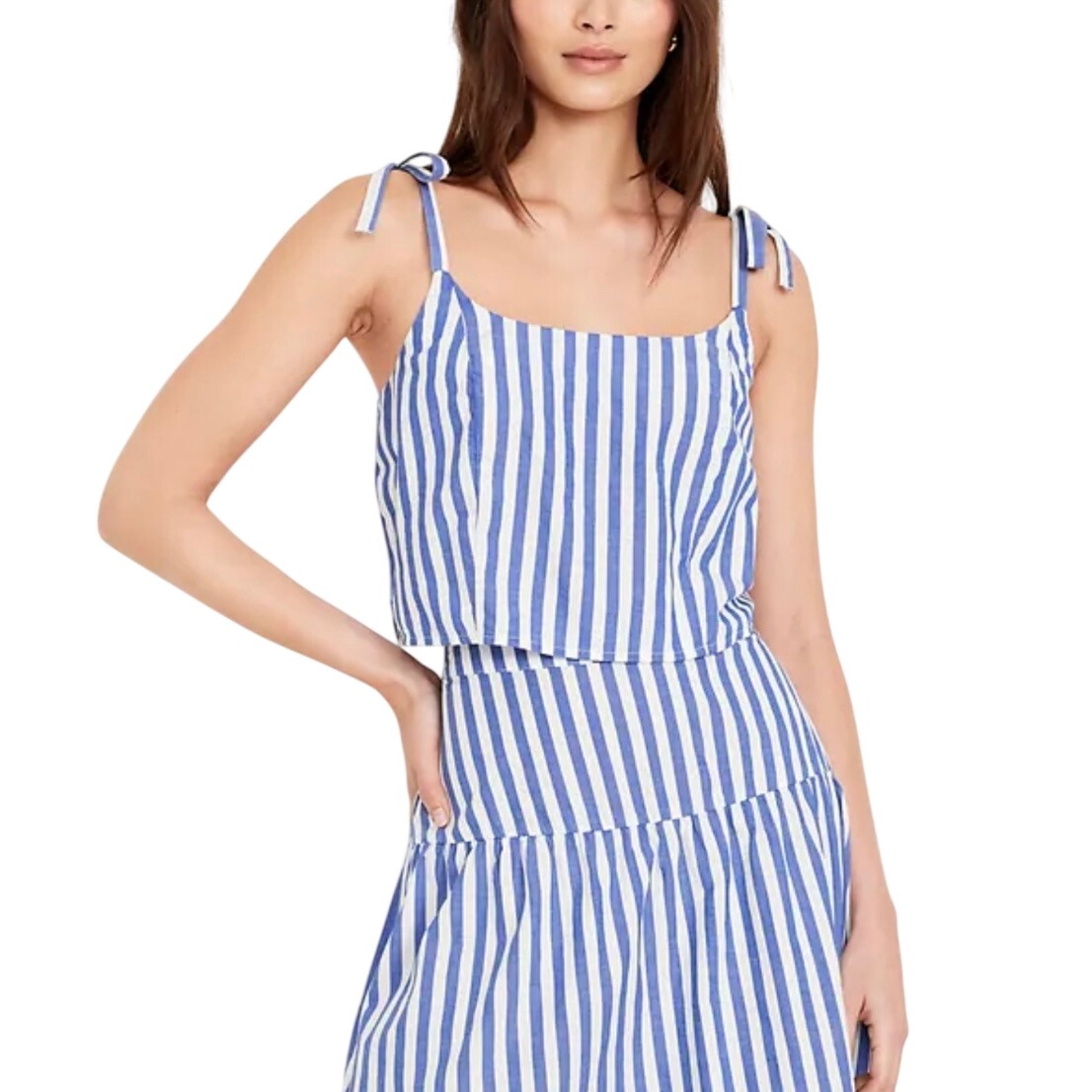 Old Navy White Blue Striped Cotton Cottagecore Beachy Crop Top Midi Skirt Set L